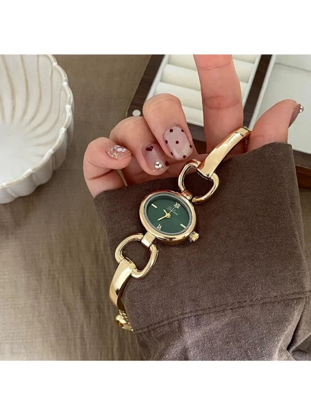 Women's Gold Green Oval Bracelet Minimalist Analog Dress Elegant Wrist Watch
